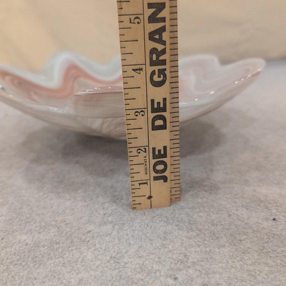 Art Glass Ruffled Bowl Mauve White Swirl Hand Blown Centerpiece - Picture 5 of 6